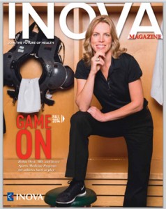 Magazine cover with Dr. Robin West in a locker room and various sports gear