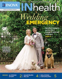 magazine cover with photo of bride and groom and two dogs with wedding attire