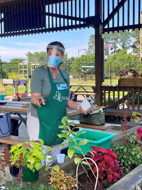 woman working with potted plants in an outdoor pavilion